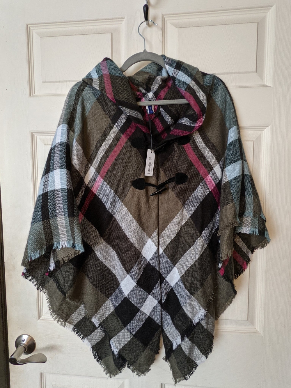 Apt. 9 Olive Plaid Hooded Poncho with Pink & Black Stripes